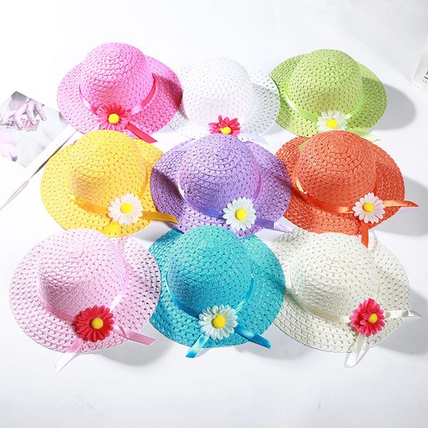 Visiera per cappellino da sole per bambini, bambina, cappello di paglia con nastro floreale, cappelli da spiaggia estivi per bambini, cappelli da sole a fiori