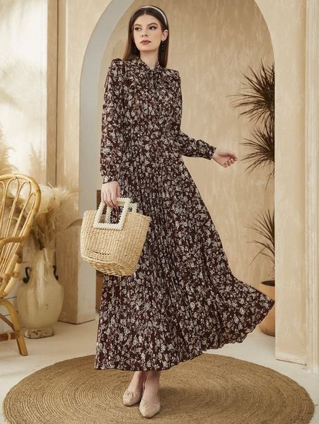 

allover floral print tie neck pleated dress q5na#, Black;gray