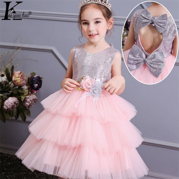 Blumenmädchen-Abend-Partykleid für große Schleife, Spitze, Pailletten, Prinzessin, Fantasie, Kinder, Babys, Kinder, formelle Hochzeit 220422