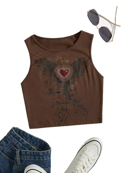 

rhinestone heart & wing print crop tank t9db#, White