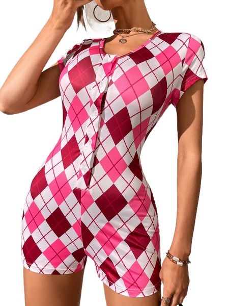 

argyle print button front unitard romper s2dl#, Black;white