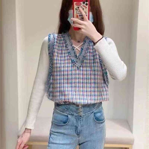 

women's tanks camis elegant legal system spring and summer small fragrance v-neck contrast check tweed vest, White