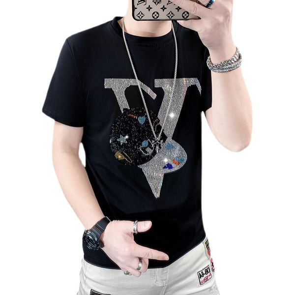 

summer short sleeve t-shirt men's fashion brand ins diamond print slim fit cotton half sleeve round neck personalized m--5xl, White;black