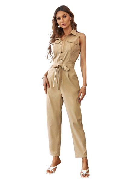 

patched pocket button front belted jumpsuit f3bz#, Black;white