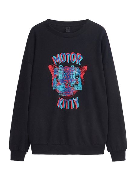

x gimetzco letter & animal print drop shoulder sweatshirt r7wq#, Black