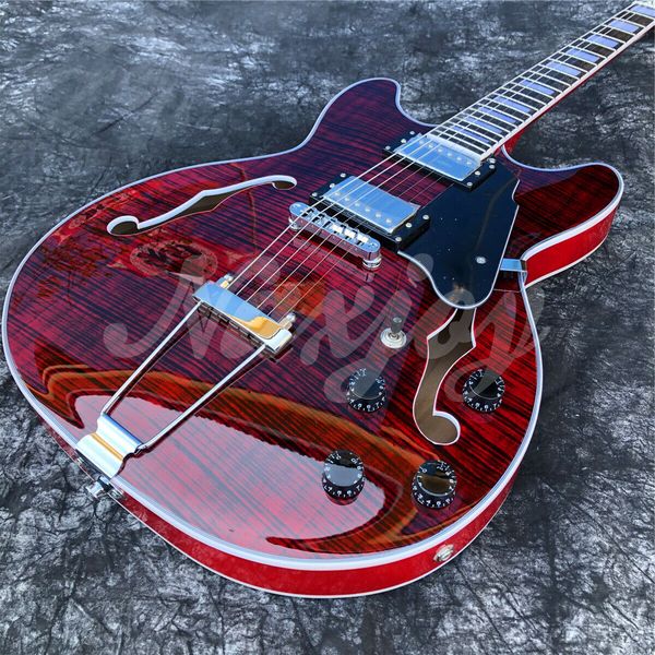 

grote red flame maple electric guitar 6 strings f holes semi hollow jazz guitar