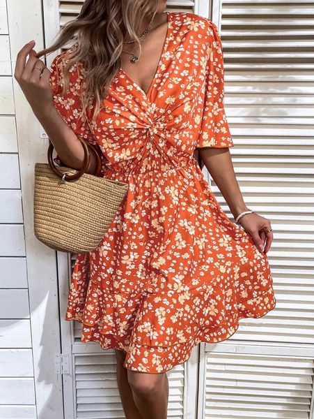 

allover floral print twist front ruffle trim dress l4xy#, Black;gray