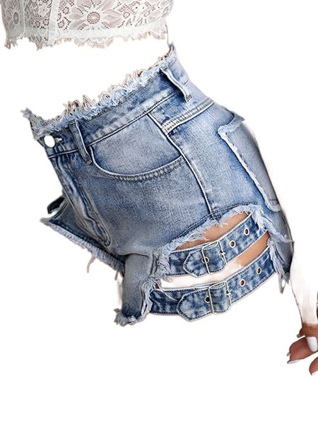 

raw hem buckle belted denim shorts p1sz#, White;black