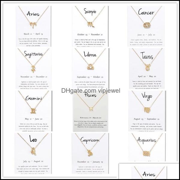 Anhänger Halsketten Anhänger Schmuck 12 Sternbild Zeichen mit weißer Geschenkkarte Sternzeichen Charm Goldketten für Männer Frauen Mode in BK Drop D