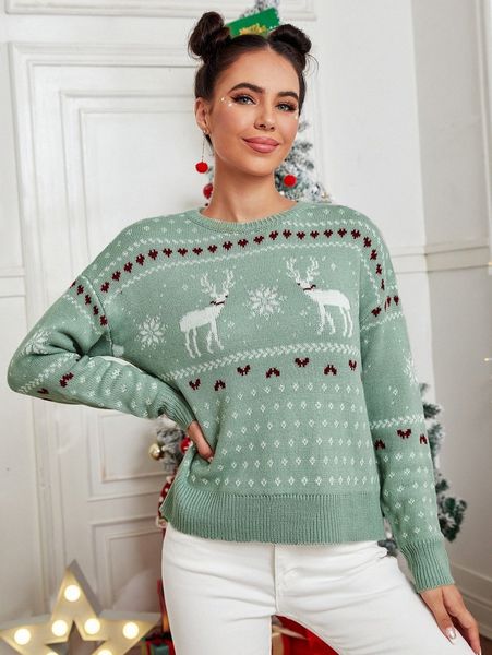 

heart & christmas deer pattern drop shoulder sweater t1fn#, White;black