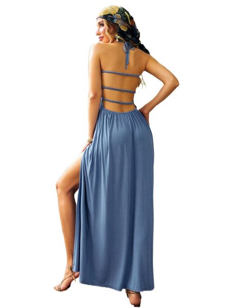 

luukse cut out tie backless split thigh halter dress a56w#, Black;gray