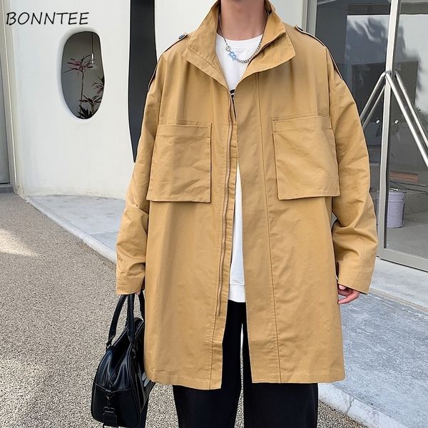 

men's trench coats spring khaki trench men safari style zipper pockets stand collar windbreaker couple bf harajuku long coats homme aut, Tan;black