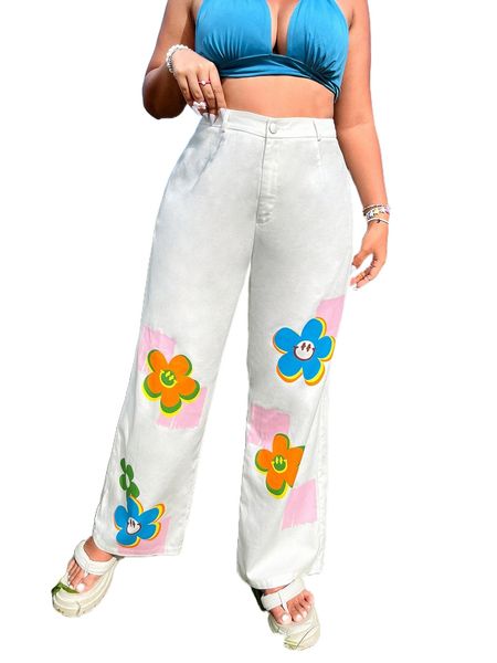 

plus high waist floral print wide leg pants c0dx#, Black