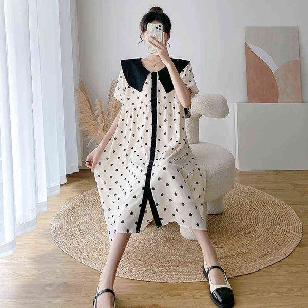

maternity summer fashionable loose dress large turndown collar shorr sleeve pregnant woman polka dot chiffon dress button fly j220628, White