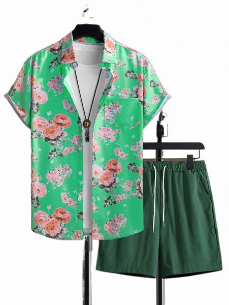 

men floral print shirt & drawstring shorts without tee e65t#, Gray