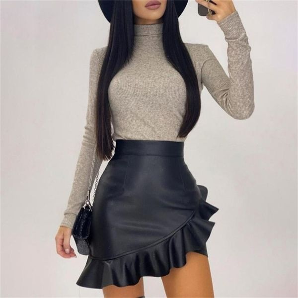 

leather pu skirt for ladies black ruffle asymmetric women mini skirt high waist flare fashion office female skirt d25 210315