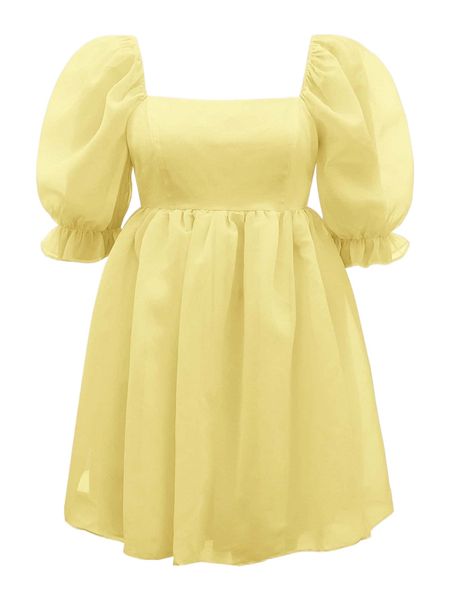 

plus square neck puff sleeve dress s2a6#, Black