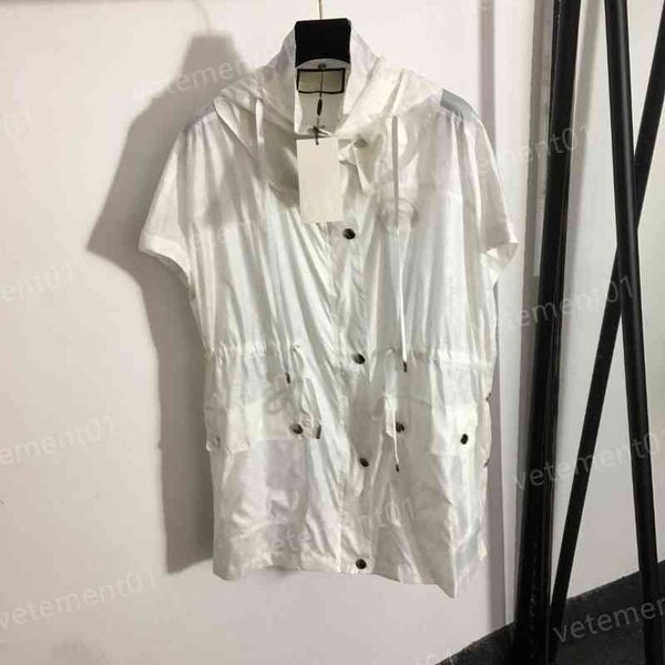 

luxury womens jackets alphabet print drawstring elastic waist short-sleeved hooded trench coat mid-length coat designer women clothing 0912, Black;brown