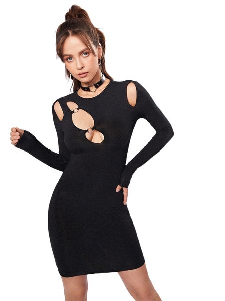 

o-ring cutout detail bodycon dress w4a8#, Black;gray