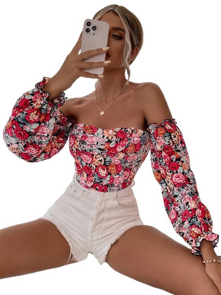 

floral off the shoulder shirred crop l857#, White