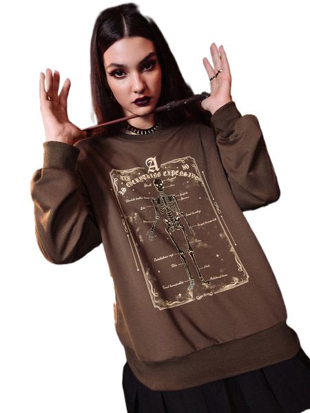 

romwe dark academia letter skeleton graphic sweatshirt z0n0#, Black