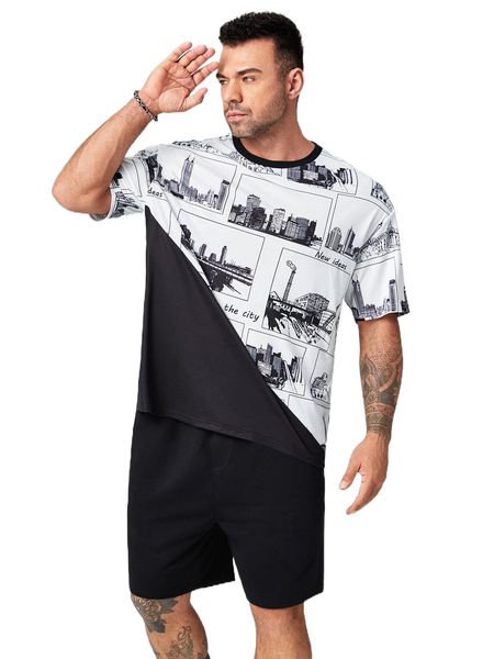 

extended sizes men building & letter graphic tee & shorts 43c9#, Gray