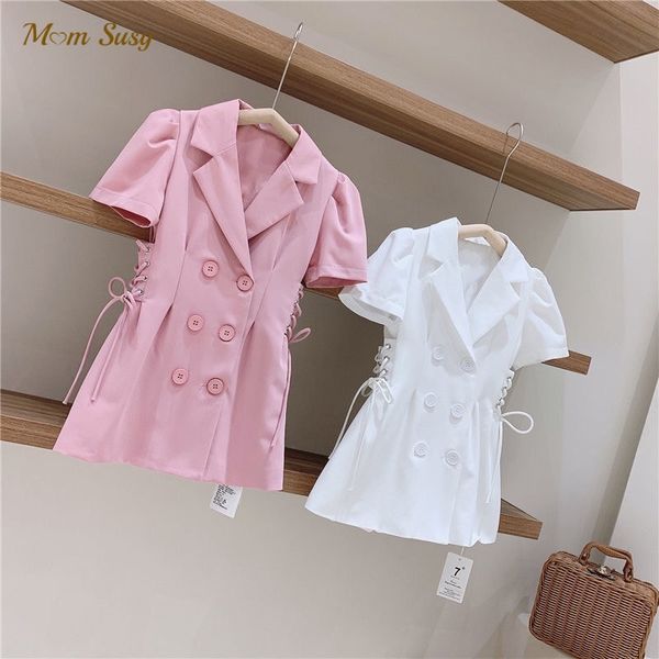 

fashion family matching mom daughter suit jacket short sleeve waist belt jacket spring summer coat outwear baby clothes 210y 220614, Blue