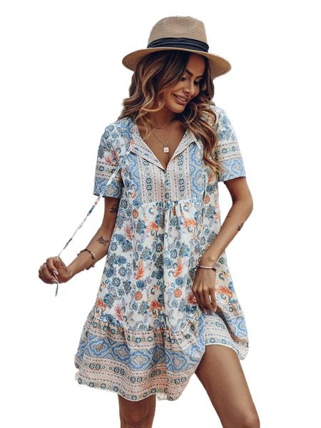 

floral print tie neck ruffle hem dress k853#, Black;gray