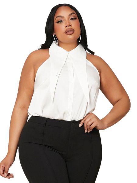 

sxy plus statement collar sleeveless blouse v7w6#, Black