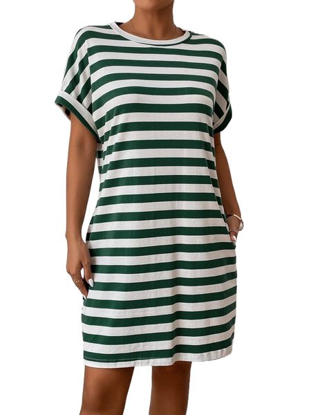 

striped batwing sleeve hidden pocket tee dress f9ep#, Black;gray