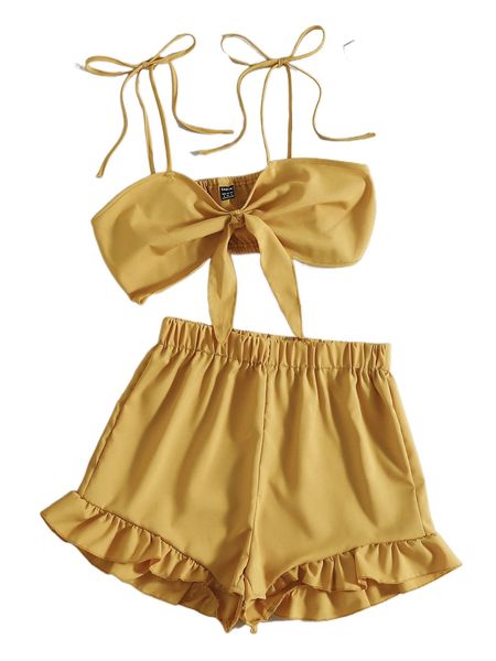 

tie front cami & ruffle hem shorts 47rl#, White