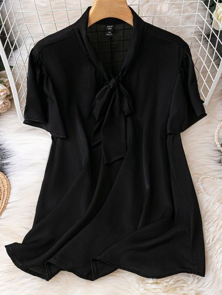 

plus tie neck butterfly sleeve blouse t893#, Black