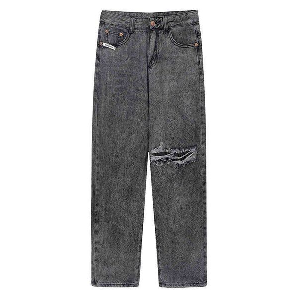 Jeans donna lavato grigio fumé retro taglio foro patch uomini e donne con gli stessi pantaloni ravanello allentati casuali versione coreana tendenza T220728