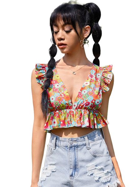 

allover floral print flutter sleeve ruffle hem blouse 86ig#, White