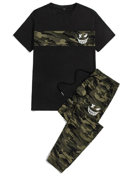 

men colorblock camo print tee & drawstring waist sweatpants set r2of#, Gray