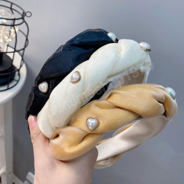 

fashion women headband wide side headwear braided turban pearls turban autumn hairband hair accessories, Slivery;white