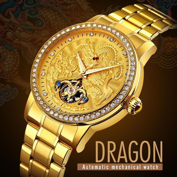 Relógios de pulso skmei 9219 Mechanical Luxury Automatic Men Watches Dragon Diamond Hollow Big Dial Dial Lua Relógio Relógio Relógio Masculino