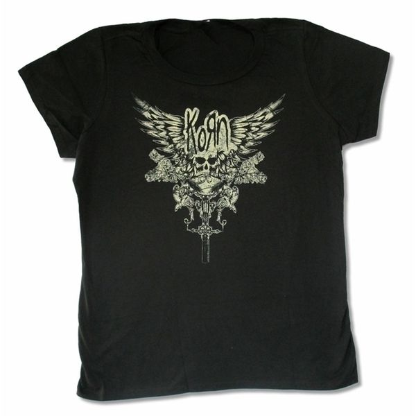 Korn Skull Wings Girls Juniors Camiseta preta Banda Merch Camiseta personalizada 220521