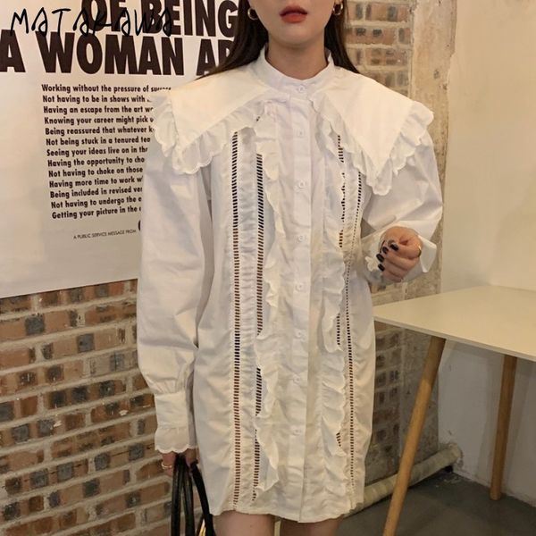 

korean ruffles lace peter pan collar blouse women spring shirt hollow out longsleeved blusas mujer de moda 210506, White