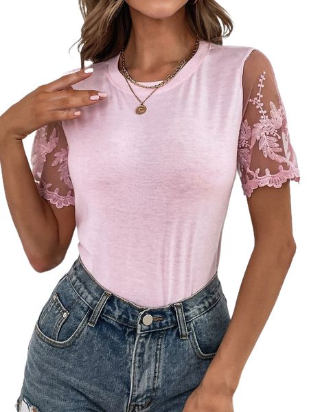 

solid contrast lace tee e4js#, White