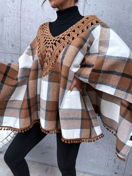 

plaid contrast binding pom-pom trim cover up r8co#, White;black