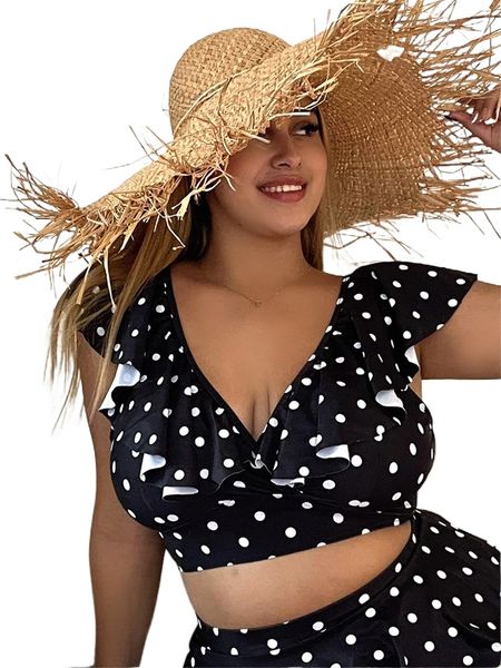 

plus polka dot print ruffle trim bikini k5br#, Black