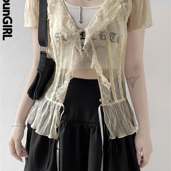 

heyoungirl mesh transparent short sleeve tshirt ladies summer see through v neck ruffles tee shirt women drawstring t 220526, White