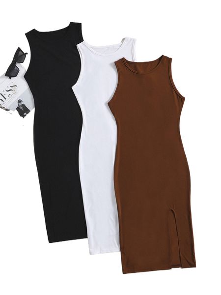 

3pcs solid split backless bodycon dress c1om#, Black;gray