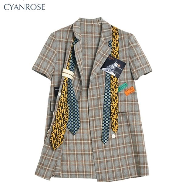 

fashion plaid blazer dresses women short sleeve summer streetwear design lady loose oversized casual cardigan shirt dress 220513, White;black