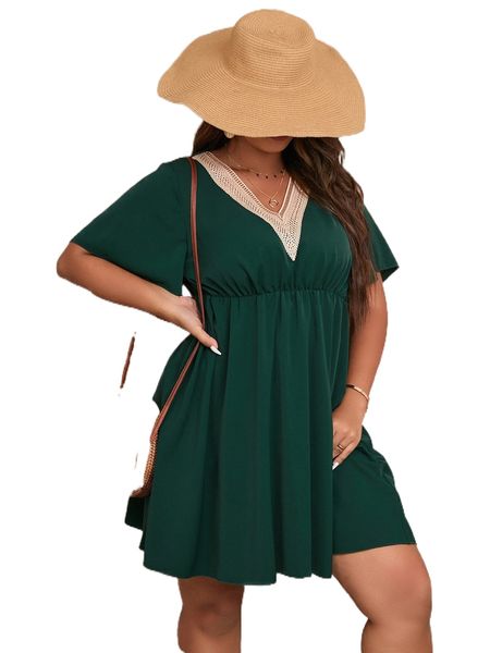 

plus contrast guipure lace flutter sleeve dress w5pt#, Black