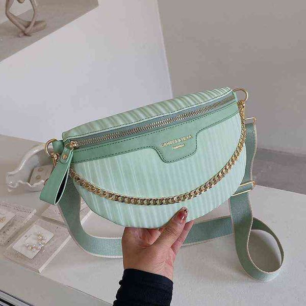 

elegant striped pu leather chain waist bags for women trendy fanny pack female stylish wide strap crossbody chest bag 220527