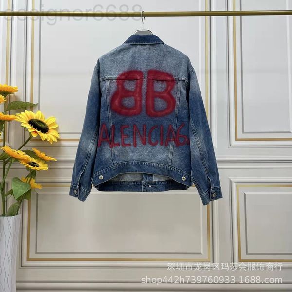 

women's jackets designer family b 21s autumn and winter spray painting double personalized graffiti couple denim jacket for men women 9, Black;brown