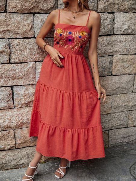 

floral embroidery ruffle hem cami dress c9pv#, Black;gray