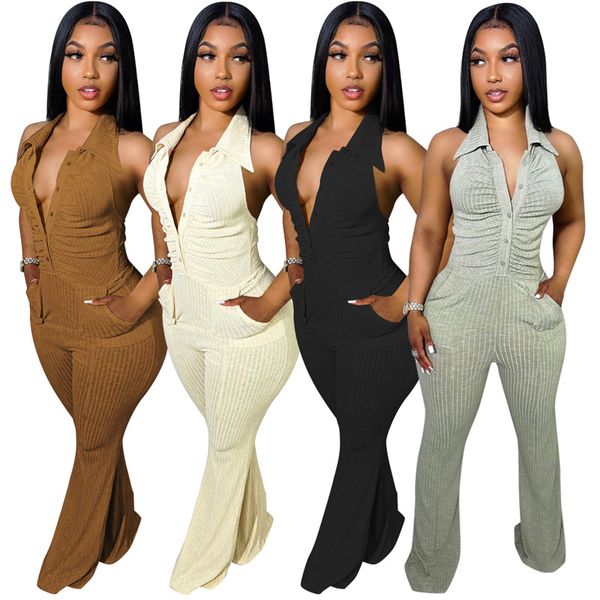 Atacado Sexy Jumpsuits Verão Mulheres Backless Malhas Macacões Sólidos Halter Jumper Terno Casual Skinny Bodycon Bodysuit Night Club Wear 7336